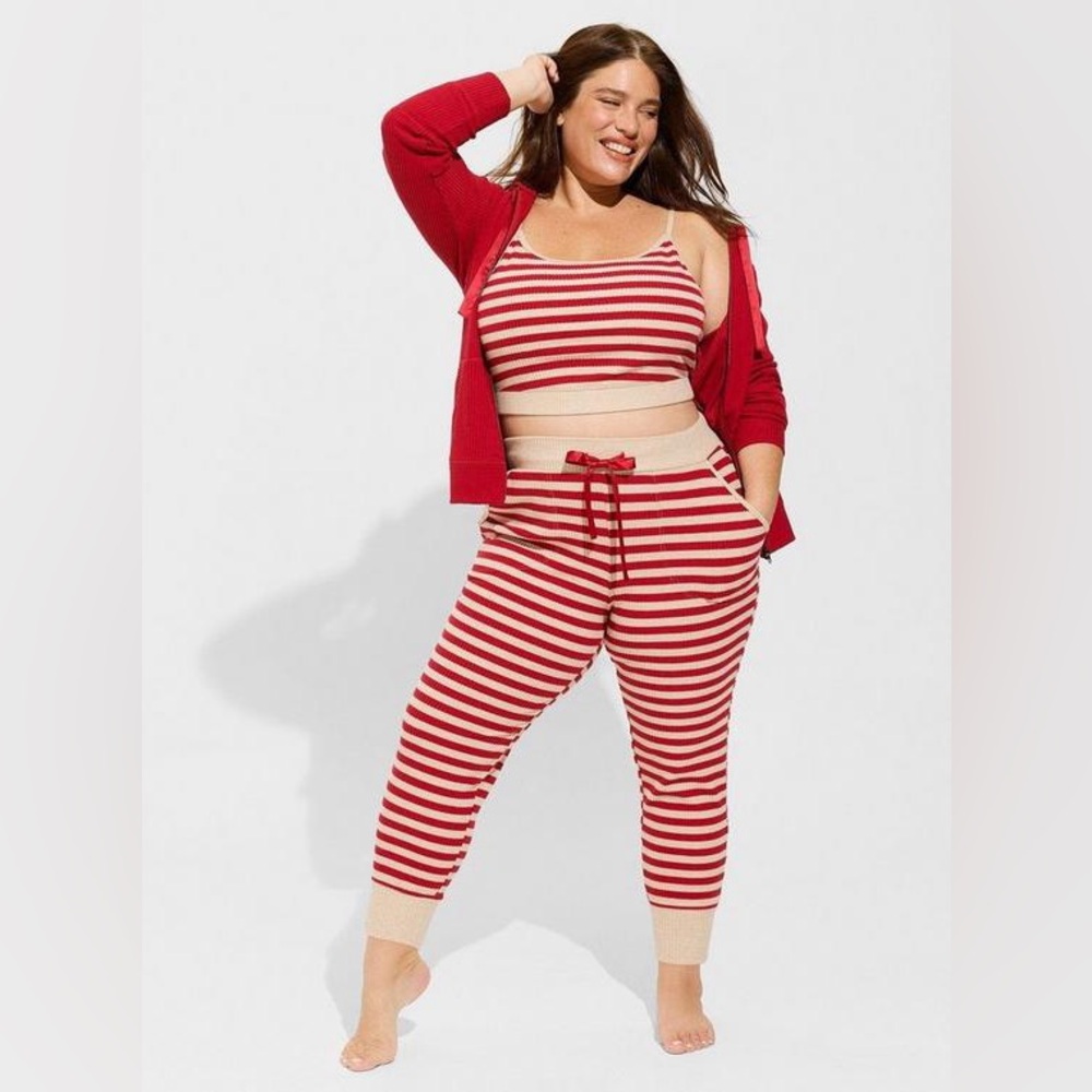 Torrid Sleep Ribbed Lounge Set – Red & Cream Stripes (Top 2, Bottoms & Jacket 3) - Picture 3 of 14